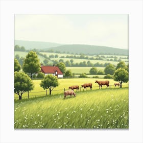 English Countryside With Romanian Farm Life, Watercolor Effect 1 Canvas Print