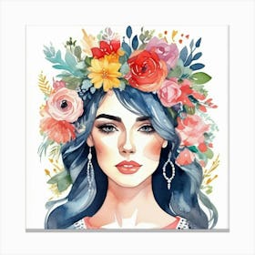 Watercolor Woman With Flower Crown Canvas Print