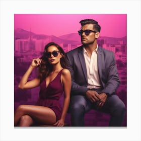 Man And Woman In Sunglasses. Hollywood Ultrarealistic Urban Love: A Magenta and Green Symphony. Canvas Print