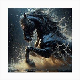 Black Horse Running In Water 2 Canvas Print