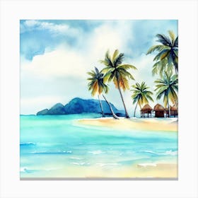 Watercolor Tropical Beach With Palm Trees, Bora Bora 1 Canvas Print