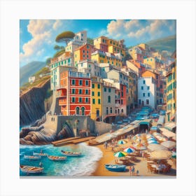 Cinque Terre Beach: A Realistic Painting of a Colorful and Cozy Scene Canvas Print