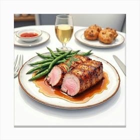 Watercolor Sketch Of A Classic And Savory Pork Tenderloin On A Chic Restaurant Table Canvas Print