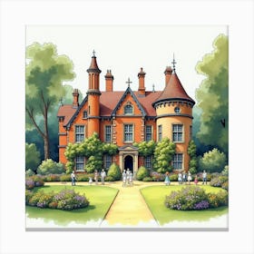 Watercolor Depiction Of A Historic English Mansion With A Garden Party 1 Canvas Print