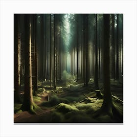 A Deep Forest Where The Trees Are So Densely Packed Together That Barely Any Sunlight Can Reach The Ground 1 Canvas Print