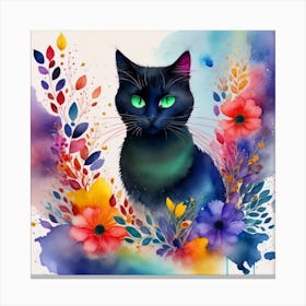 Black Cat With Flowers 6 Canvas Print