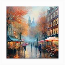 Amsterdam cafes, autumn season, rain, autumn oil colours.Faded colours,People passing on the street, winter clothes, rain umbrellas.14 Canvas Print