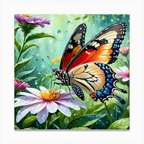 Butterfly On A Blooming Flower In Spring Garden, Painting Art Canvas Print