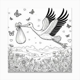 Line Art stork and baby 2 Canvas Print