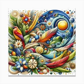 Colorful Flowers And Birds Canvas Print