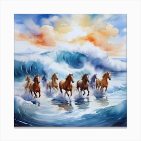 Horses In The Ocean With A Big Wave Canvas Print