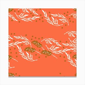 White Floral Pattern On Coral Square Canvas Print