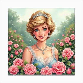 Princess Diana Smiling With A Watercolor Garden Full Of Blooming Roses Canvas Print