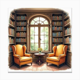 Watercolor Depiction Of An English Library Reading Nook With Cozy Armchairs 1 Canvas Print