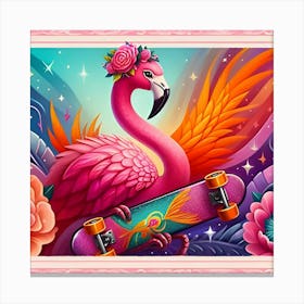 A Radiant Flamingo With A Sparkly Skateboard, Inspired By The Lively And Colorful Paintings Of Frida Kahlo, With A Bright Pink And Orange Palette, Where The Flamingo Is In Focus And The Background Is Blurred Into Vibrant Shapes (1) Canvas Print