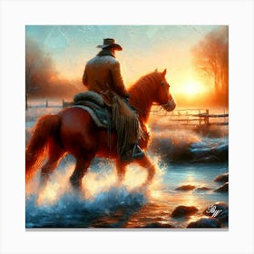 Cowboy Riding Across A Stream 9 Copy Canvas Print