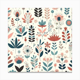 Title: "Botanical Tapestry: A Whimsical Floral Array"  Description: "Botanical Tapestry" is a charming and vibrant illustration that celebrates the diversity and whimsy of flora. A plethora of stylized flowers and leaves are arrayed in a joyful pattern, featuring a delightful mix of shapes, sizes, and colors. The soft color palette combines coral pinks, muted blues, and earthy greens, invoking a sense of playfulness and springtime freshness. Each botanical element is intricately designed, with small decorative details that add to the overall tapestry-like quality of the piece. This artwork is perfect for bringing a burst of nature's whimsy and a palette of soothing colors into any living space, making it ideal for those who appreciate the subtle intricacies and the cheerful essence of a garden in bloom. Canvas Print