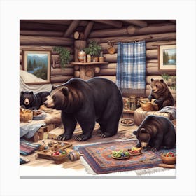 Bear Family in Cabin Canvas Print