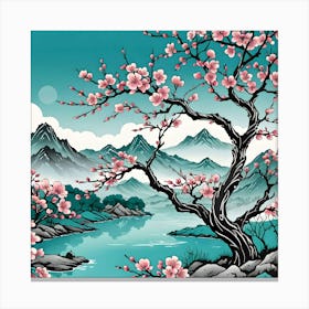 Chinese Landscape With Cherry Blossom Tree, Pink, Turquoise And Black Canvas Print