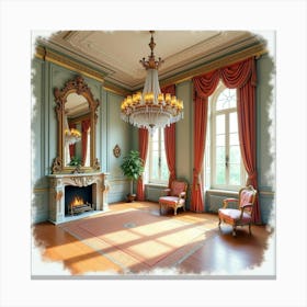 French Chateau Interior With Watercolor Ornate Chandeliers And Opulent Decor 1 Canvas Print