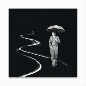 ine path. The man is dressed in a vintage ensemble, holding onto an old-fashioned umbrella. The path is shrouded in complete darkness, with only the faint silhouette of the man and the subtle outlines of the winding path visible. The ink lines are bold and dramatic, creating an atmosphere of mystery and suspense. Canvas Print