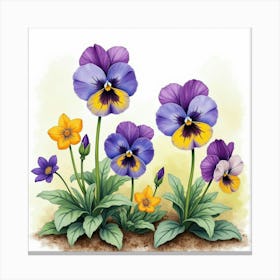 Watercolor Violets And Pansies In A Colorful Garden Scene Canvas Print