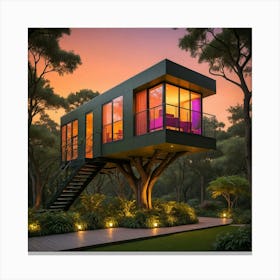 Tree House At Dusk 1 Canvas Print