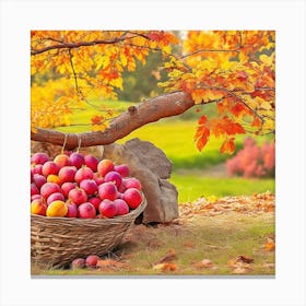 Autumn Trees And Apples In A Basket Canvas Print