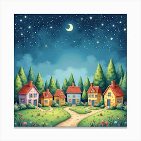 Whimsical Watercolor Village Under A Starry Sky 1 Canvas Print