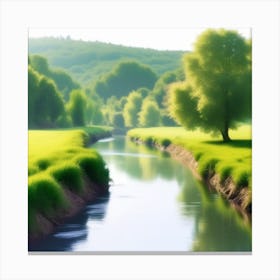 River In A Green Field Photo Canvas Print