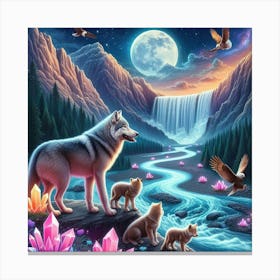 Wolf Family by Crystal Waterfall Under Full Moon and Aurora Borealis 8 Canvas Print