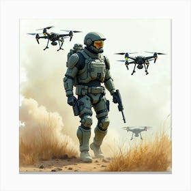 Cyber Soldier In A High Tech Battlefield With Drones, Watercolor Art 1 Canvas Print