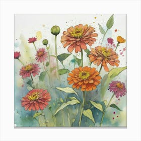 Zinnias flower plants painting art print 3 Canvas Print