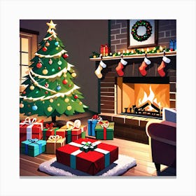 Christmas Tree In Front Of Fireplace 5 Canvas Print