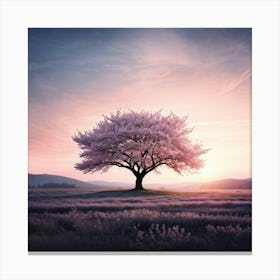 A Photorealistic Monochrome Scene Portraying A Lone Cherry Blossom Tree In A Vast Field Dipped In E Canvas Print