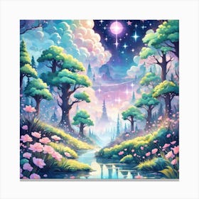 A Fantasy Forest With Twinkling Stars In Pastel Tone Square Composition 101 Canvas Print