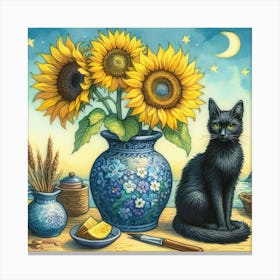 Black Cat With Sunflowers watercolor pestel painting Vase With Three Sunflowers With A Black Cat, Van Gogh Inspired Art Print/ 1 Canvas Print