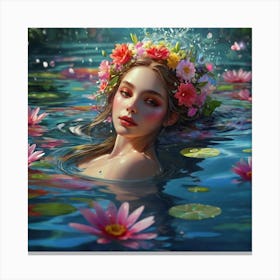 Masterpiece Top Quality Highly detailed CG 34K, A beautiful, young, glamorous water nymph floating gracefully. A delicate and fantastic figure. Beautiful hair dripping with water, surrounded by ethereal multicolored water flowers playing with water. Glowing splashes of water, petals expressing various emotions, gently swaying in the gentle breeze that ripples through the clear water. Flowers floating on the water are so beautiful that they dazzle the eye with their vivid colors. This enchanting scene is amazingly detailed and brought to life on all sides with rich, vibrant colors surrounded by pastel hues. 3 Canvas Print