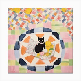 Pastel Colours Black Cat In A Picnic Blanket 2 Canvas Print
