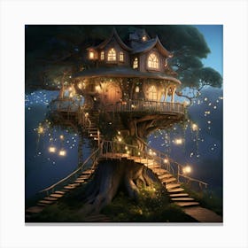 Tree House At Night paintings art print Canvas Print