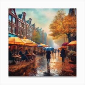 Amsterdam cafes, autumn season, rain, autumn oil colours.Faded colours,People passing on the street, winter clothes, rain umbrellas.6 Canvas Print