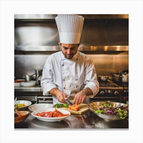 A captivating image of a chef in a busy restaurant kitchen, skillfully preparing a dish with fresh, colorful ingredients. This image communicates culinary expertise and the vibrant atmosphere of a restaurant, suitable for use in the food and hospitality industry. Canvas Print