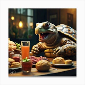 Tortoise Eating Greedily All The Delicious Food And Drinks Canvas Print