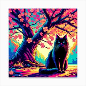 Black cat sitting under a chrry blossom tree Canvas Print