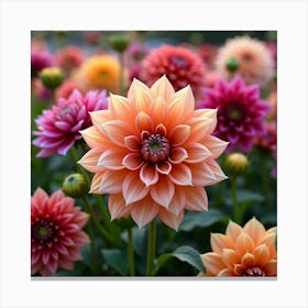 A Blooming Garden Of Various Colors Of Dahlias In Full Splendor Canvas Print