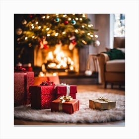 Christmas Presents In Front Of Fireplace 21 Canvas Print