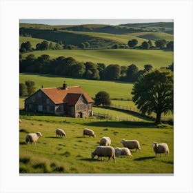 A Picturesque Countryside With Rolling Hills, Grazing Sheep, And A Quaint Farmhouse 2 Canvas Print