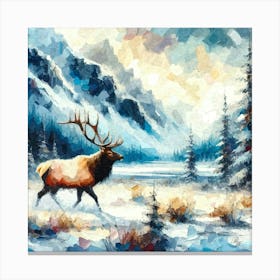 Oil Texture Abstract Elk In Winter Mountains Canvas Print