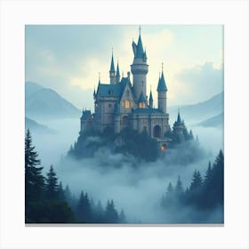 Mystical Castle Surrounded By Magical Fog, Watercolor 1 Canvas Print