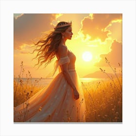 Radiant Young Queen In A Watercolor Scene With A Golden Sunset Canvas Print